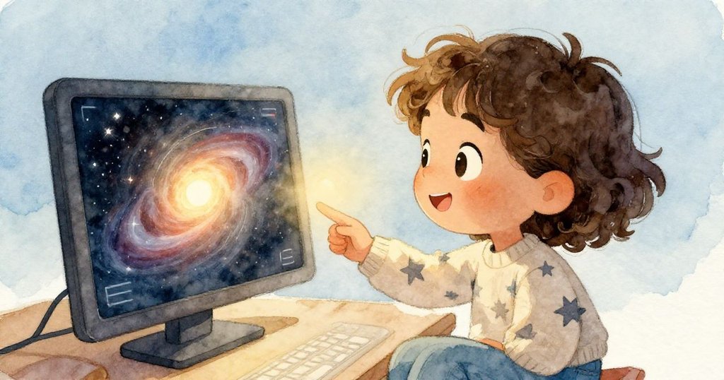 Mira注視數位屏幕中捕捉的星系閃爍,日出金光映襯下展現驚奇與成就,溫暖結束天文之夜。