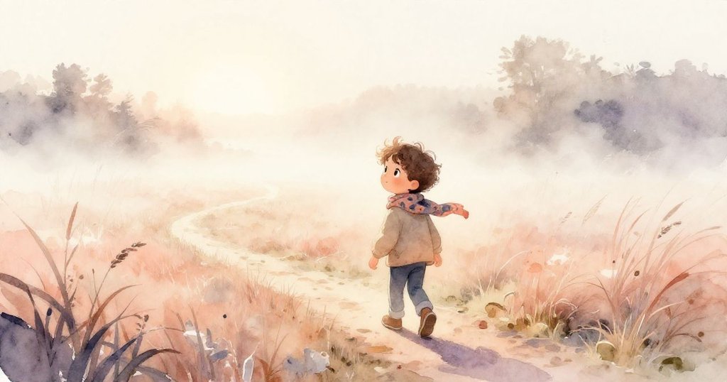 賈斯珀在晨霧中踏入沼澤小徑，手臂下夾著畫冊，背景是靜謐蘆葦與朦朧橋樑，他充滿期待地邁步前行。