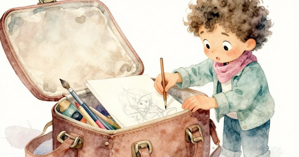 賈斯珀溫柔開啟他舊舖包，露出心愛的畫冊和畫具，手部細緻動作映襯著背後迷霧中的沼澤景致。