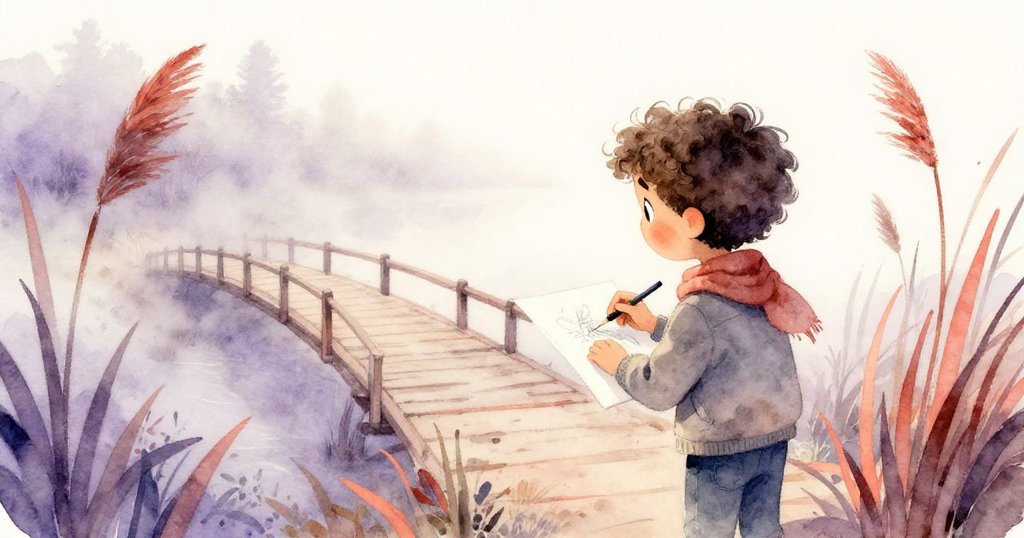 賈斯珀從蘆葦縫隙中凝視著霧氣中的橋樑，神情專注地用炭筆勾勒出朦朧線條，畫面散發著溫柔神秘的氛圍。