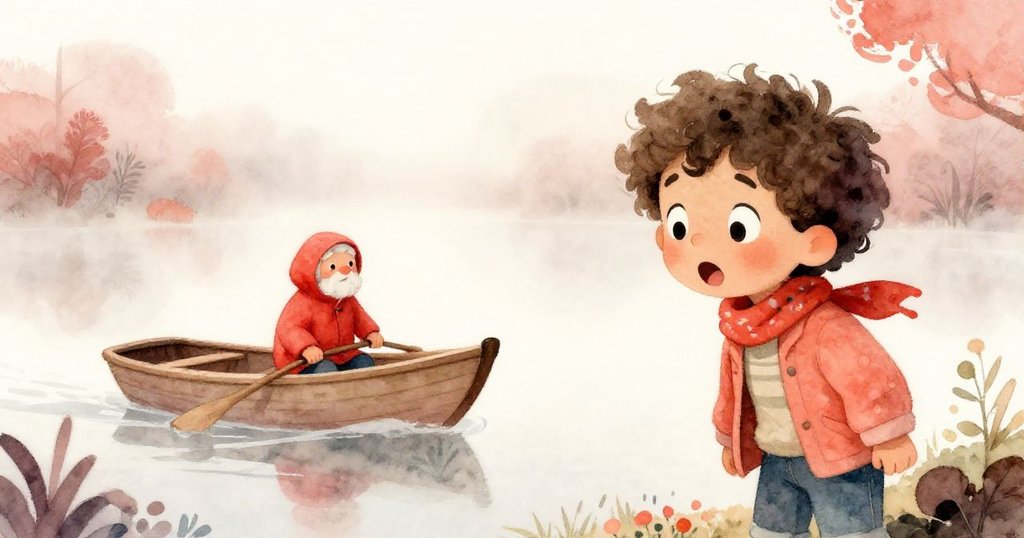 賈斯珀驚喜地凝視著霧中緩行的小船，一位老船夫穿著鮮紅雨衣劃破迷霧，畫面充滿活力與靈感。