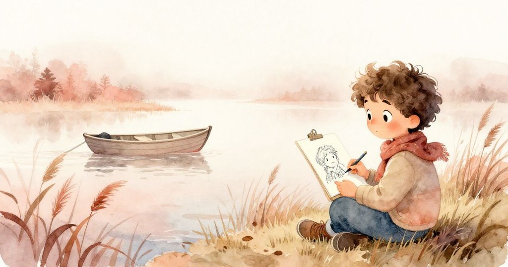 賈斯珀滿懷欣喜地欣賞他完成的畫作，身後小船隨霧遠去，寧靜沼澤和柔和地平線展現出新希望。