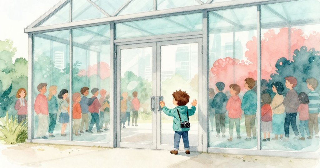 Milo站在城市溫室玻璃門前觸摸門面，雨天中倒映灰天空，表情中透露著好奇與淡淡失望