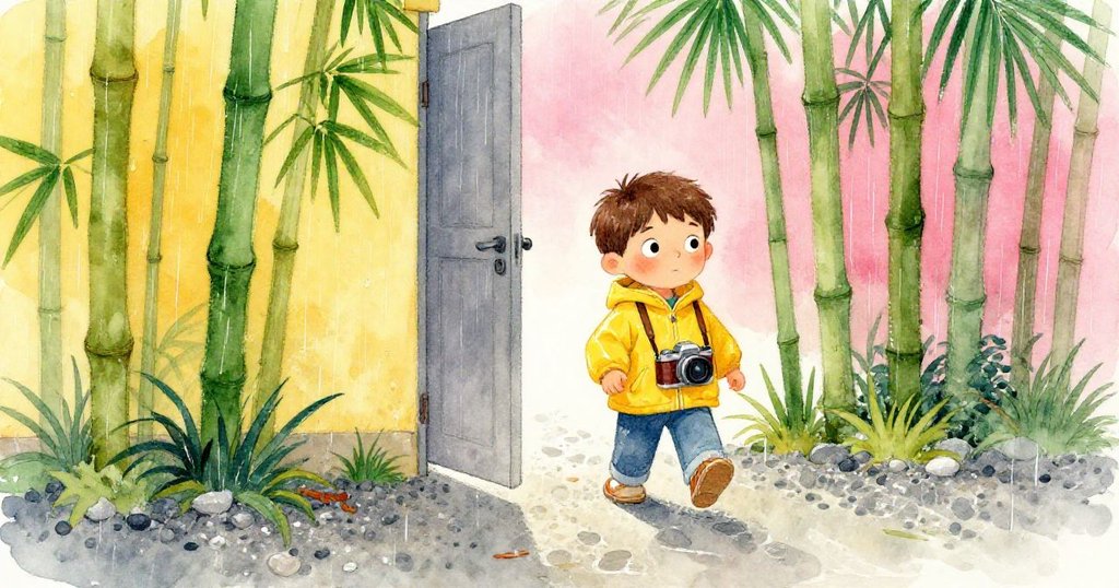 Milo小心翼翼走在雨濕的石子路上，清晰腳印延伸至微開的後門與竹叢，流露出探險的決心