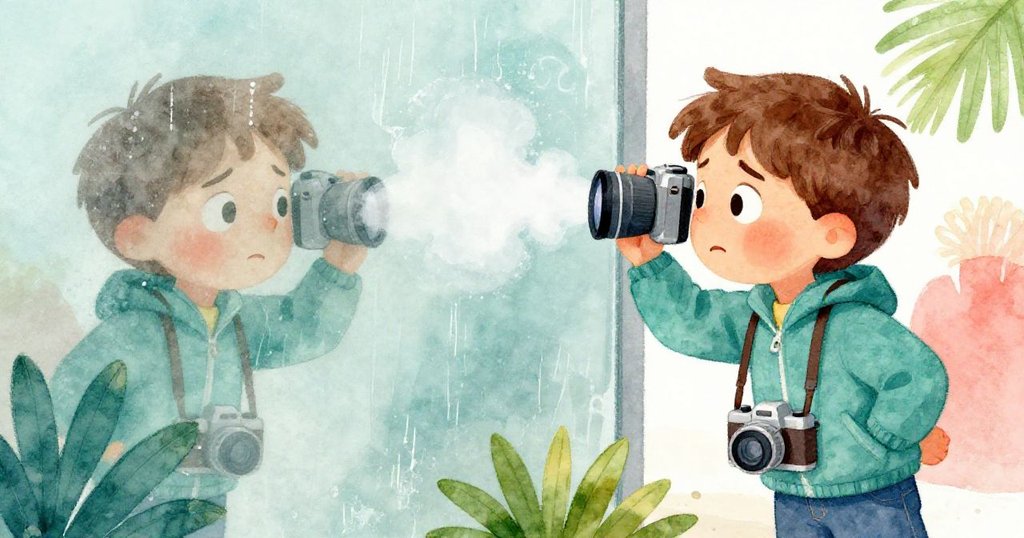 Milo伸手觸摸冰冷霧氣玻璃，檢查模糊相機鏡頭，面露困惑與驚奇，室內光影交織出神秘感