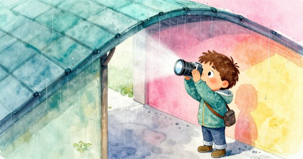 Milo站在彎曲屋頂下努力用衣袖擦拭鏡頭，銀色雨滴飛揚於周圍，緊張中帶著堅定的神情