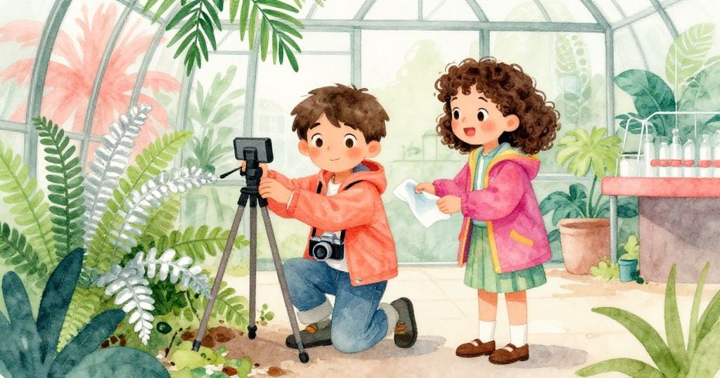 Milo在溫室研究區驚喜發現妹妹Leta專注拍攝蕨葉，兩人互助溫馨，環境綠意盎然