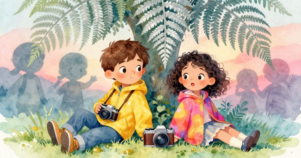 Milo與Leta在蕨葉拱門下並列擺放的相機前露出滿足微笑，黃昏光影中象徵著未來無限可能