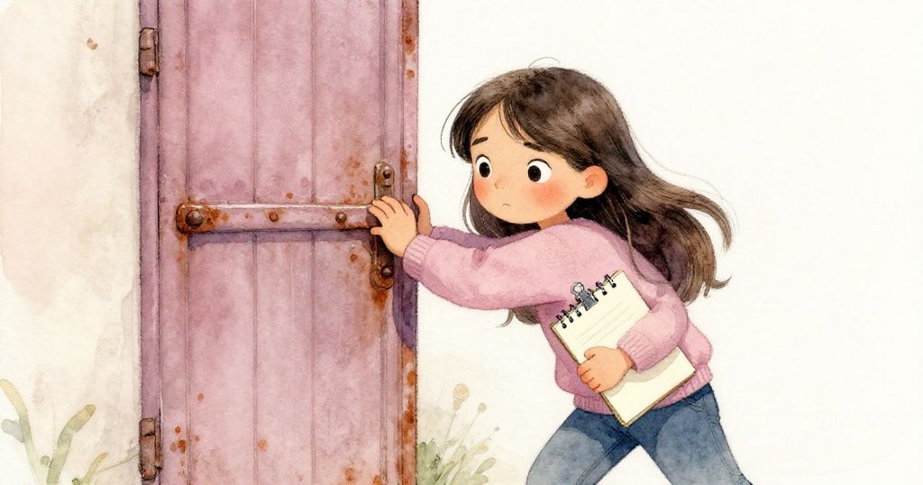 Mira用肩膀撞推生鏽鐵門，表情堅定略顯緊張，晨光斜照出門的金屬質感，展現挑戰開始。