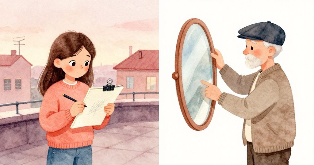 Mira坐在屋頂上打開素描本描繪曙光，一旁Mr. Silva安靜調整鏡子，兩人默契互動，晨光溫柔。