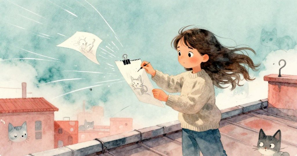 Mira在屋頂上急忙固定翻飛的畫頁，運用夾子抵抗風勢，銀色光斑像小貓般跟隨，動作靈活且充滿活力。