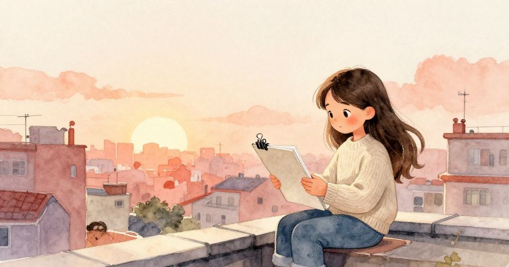 Mira坐在屋頂上重新描繪天際，面帶滿足微笑，晨光深沉溫暖，完美作品完成，象徵新開始。