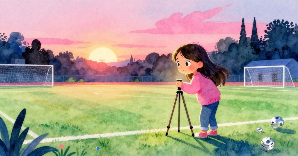克拉拉在夕陽下於學校空曠球場展開腳架，充滿期待地準備觀察夜空行星群，表情充滿希望與活力