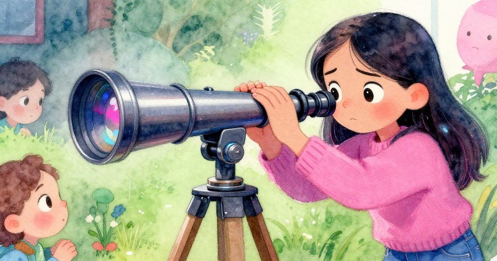 克拉拉專注地用雙手調整望遠鏡，細心處理搖晃腳架，在柔和光線中展現堅定與細膩動作