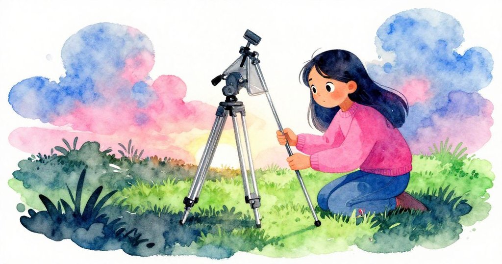 克拉拉在不平草地上調整搖晃腳架，背景雲朵飄動與微弱日光交織，塑造出緊張而富層次的氛圍