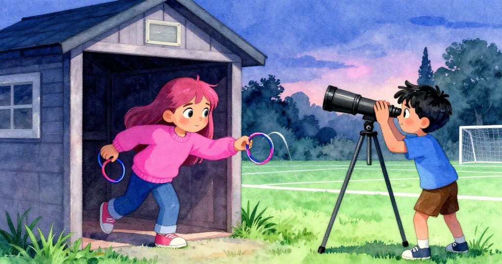 米洛從棚子走出，遞上橡皮圈協助克拉拉固定望遠鏡，兩人互動溫馨，散發出合作與解決問題的情誼