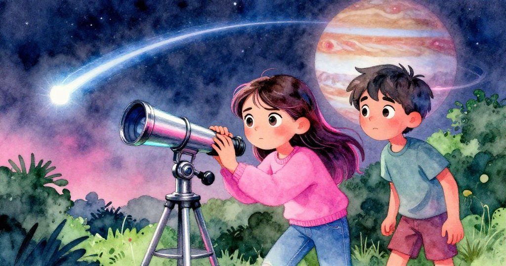 克拉拉穩固調整望遠鏡時彗星劃過天際，她與米洛同時展現驚奇與興奮，瞬間捕捉住夜空魔法