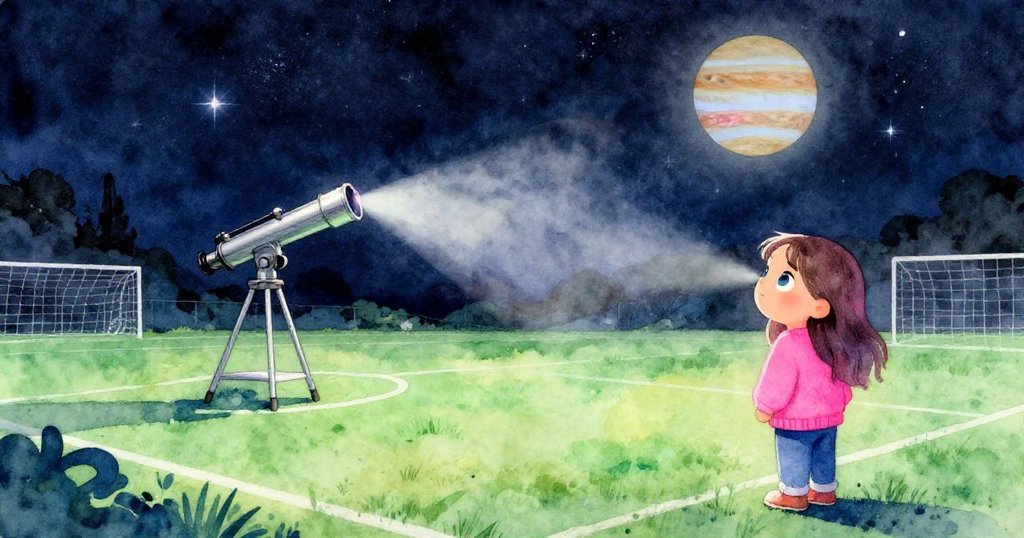 星光漸盛木星升起，望遠鏡穩立於寧靜球場上，克拉拉靜觀成功成果，象徵探索精神與夜空無垠之美