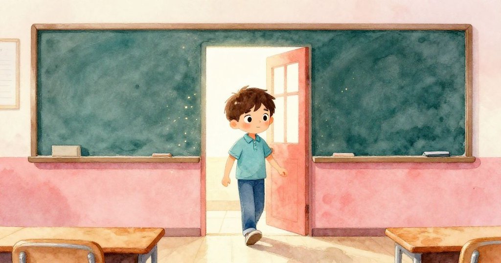 Lucas 穿著便服走進空蕩教室,大黑板和塵埃在陽光下閃耀,他看起來既期待又緊張,開始故事序章。