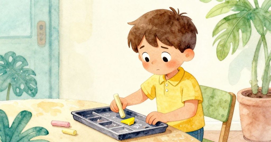 Lucas 仔細檢查粉筆盒,發現磨損粉筆和隱藏的黃色碎片,他充滿希望與專注,故事逐步展開。