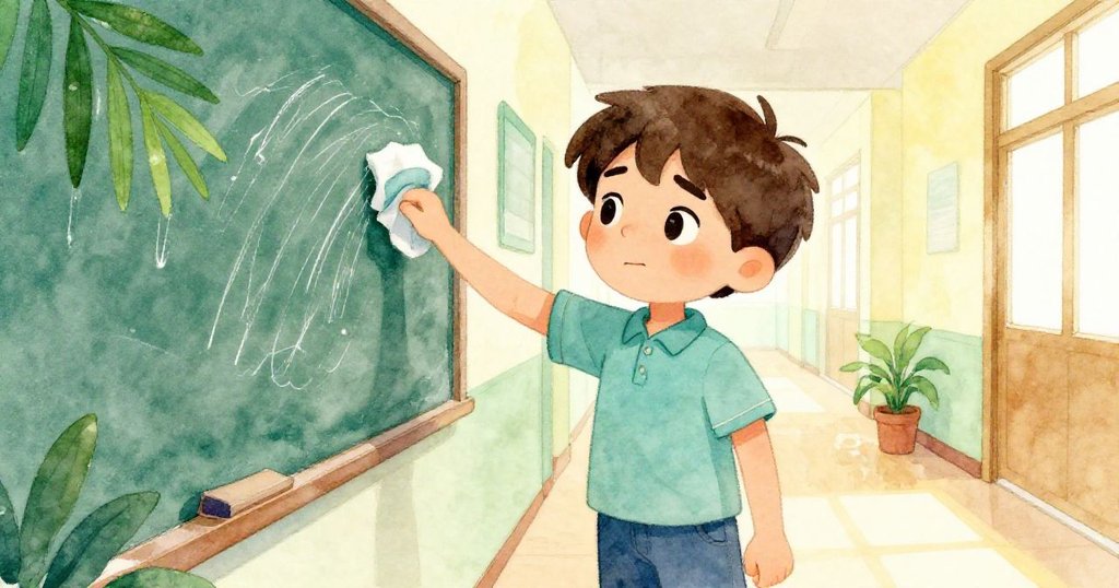 Lucas 跨入明亮走廊,用衣袖抹去黑板上痕跡,他專注又堅定,背景充滿自然光與溫馨色彩。