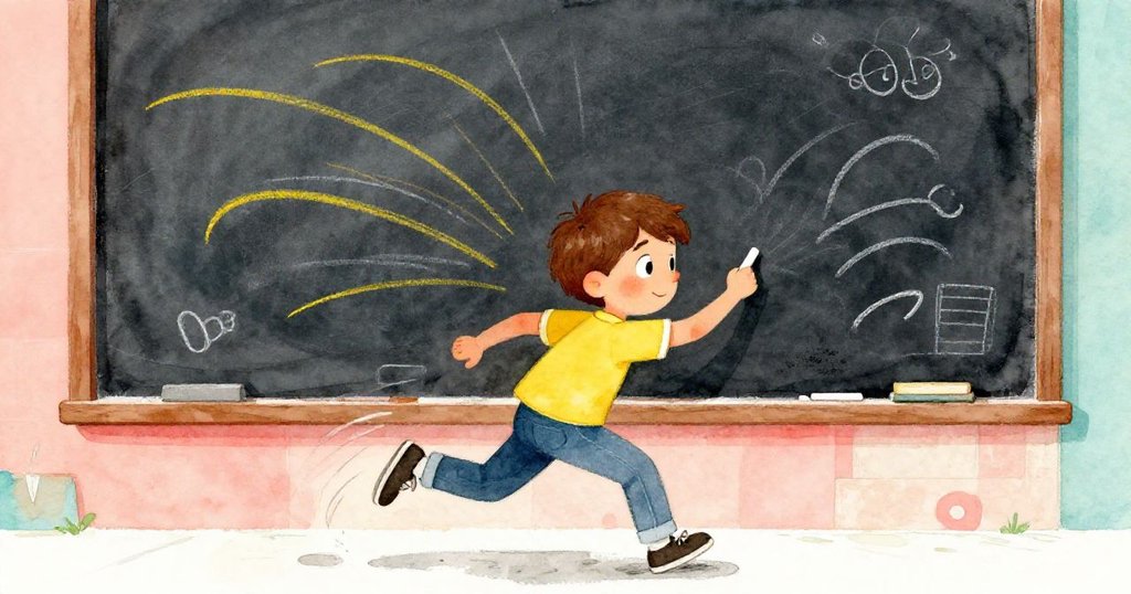 Lucas 奔向黑板,用鮮明黃色粉筆迅速重畫曲線,動感十足,展現急迫與創作熱情,情節進入高潮。