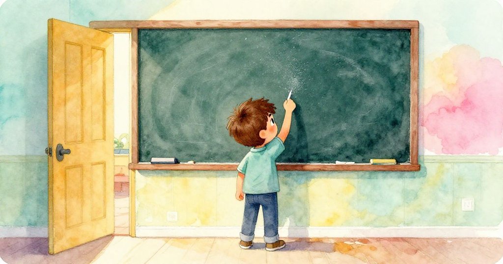 Lucas 站在教室門口,滿意地欣賞完成的黑板標題,粉筆灰靜靜落下,故事走向溫馨結局。
