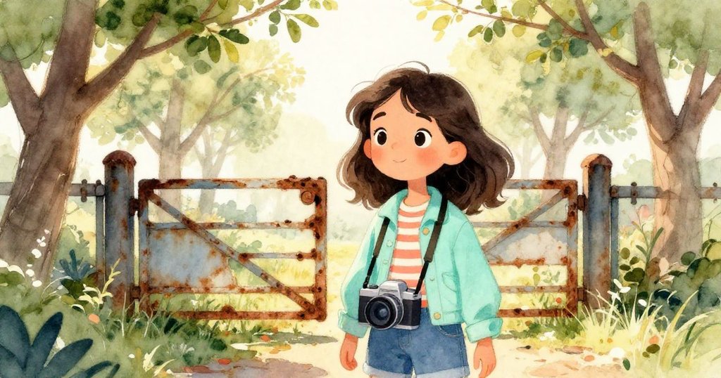 莉娜站在晨光中於廢棄果園前，身影輪廓清晰，帶著相機，望向遠方寓意著冒險的開始。