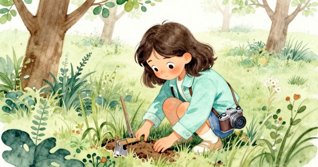 莉娜俯視地面，彎腰在雜草中尋找穩固工具，表情專注，展現探索的決心。