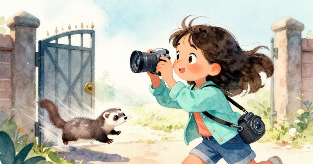 在動感畫面中，莉娜快速切換相機視角追隨雪貂的奔跑，動作敏捷且充滿驚喜。