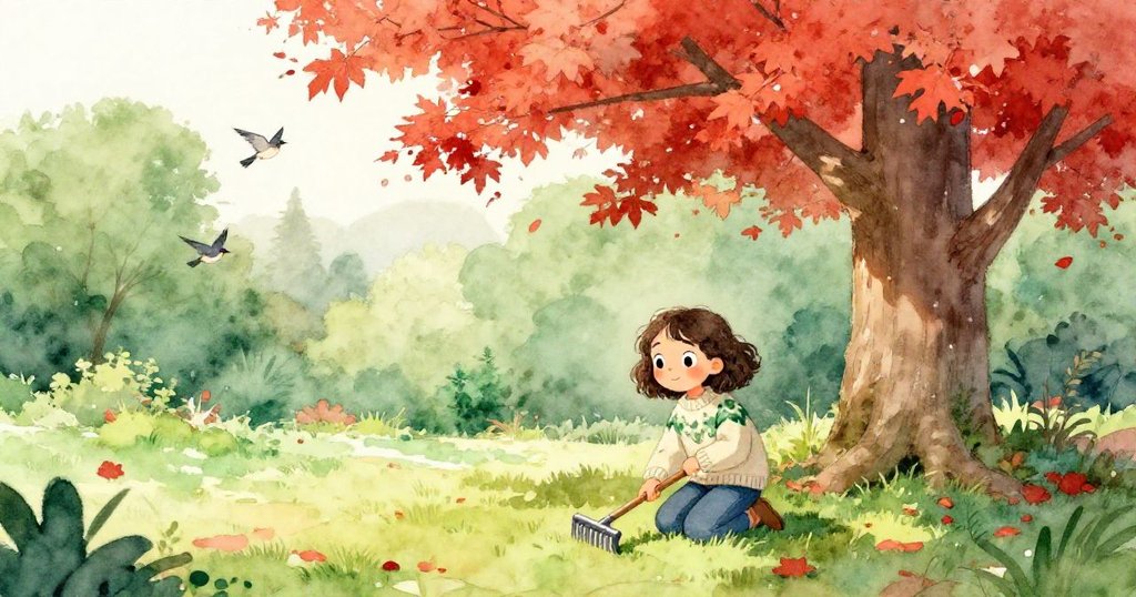 米拉在楓樹下安靜跪坐，用小耙子仔細撿拾鮮紅落葉，庭院中陽光柔和，鳥兒飛舞，畫面平靜溫馨。