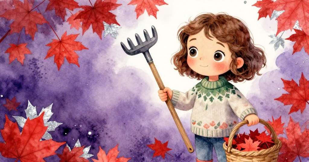 米拉專注地檢查手中的耙子和裝滿紅葉的籃子，畫面細緻展現工具質感，象徵她對藝術課的期待與決心。