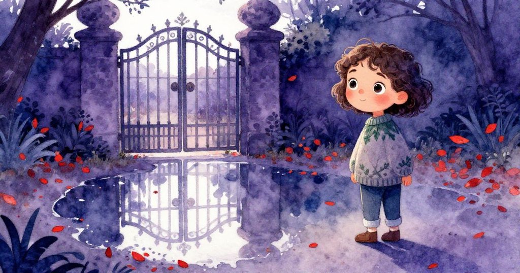 米拉在花園門邊，微風吹拂落葉，水塘中映出門及葉影，景深富有詩意，隱約見到米拉的身影。