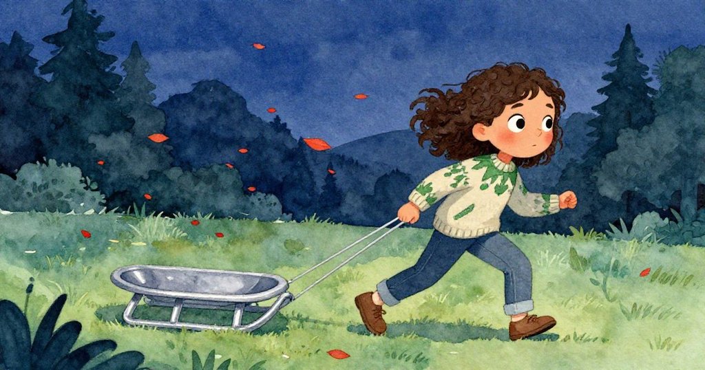 傍晚時分，米拉在庭院中拖動塑膠雪橇擋風，利用微冷月光與落葉詮釋時光流轉，動態溫柔且充滿決心。