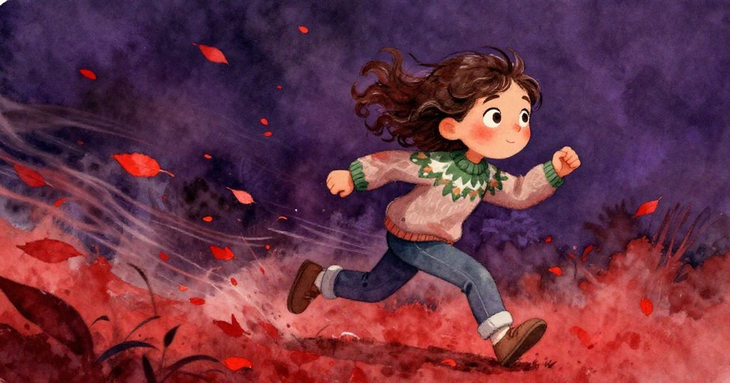 米拉充滿活力地追逐被風吹散的紅葉，雪橇在旁協助擋風，庭院中充滿動感與緊迫感，氣氛活潑有趣。