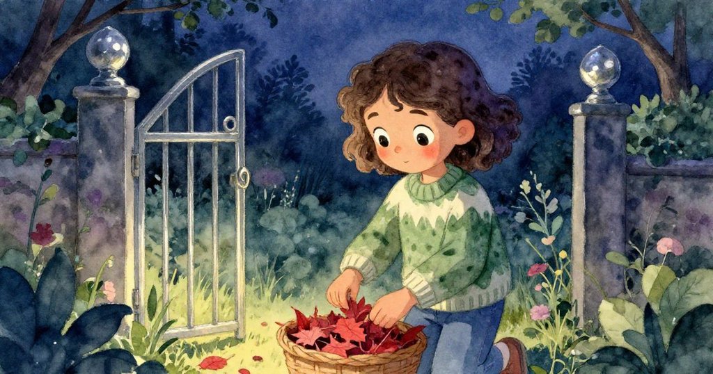 米拉在柔和暮光中將救回的落葉小心放入籃中，並靜靜注視著恢復平靜的花園門，臉上流露出滿足與寧靜。