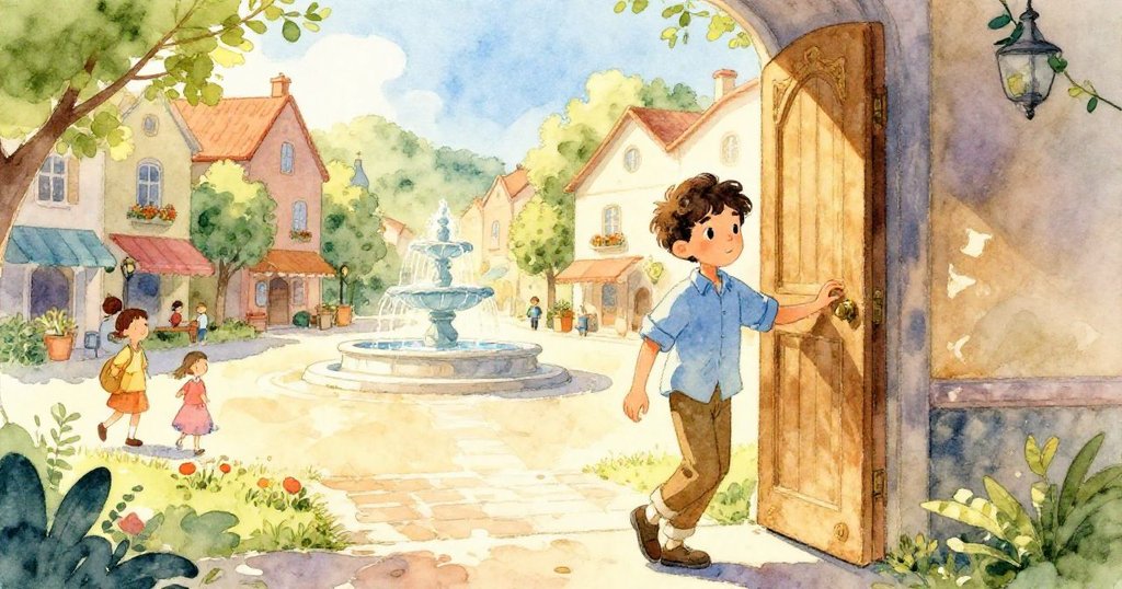 小獅在晨光中通過大門進入廣場,手捧木盤,背景有噴泉與古典建築,充滿希望的開始