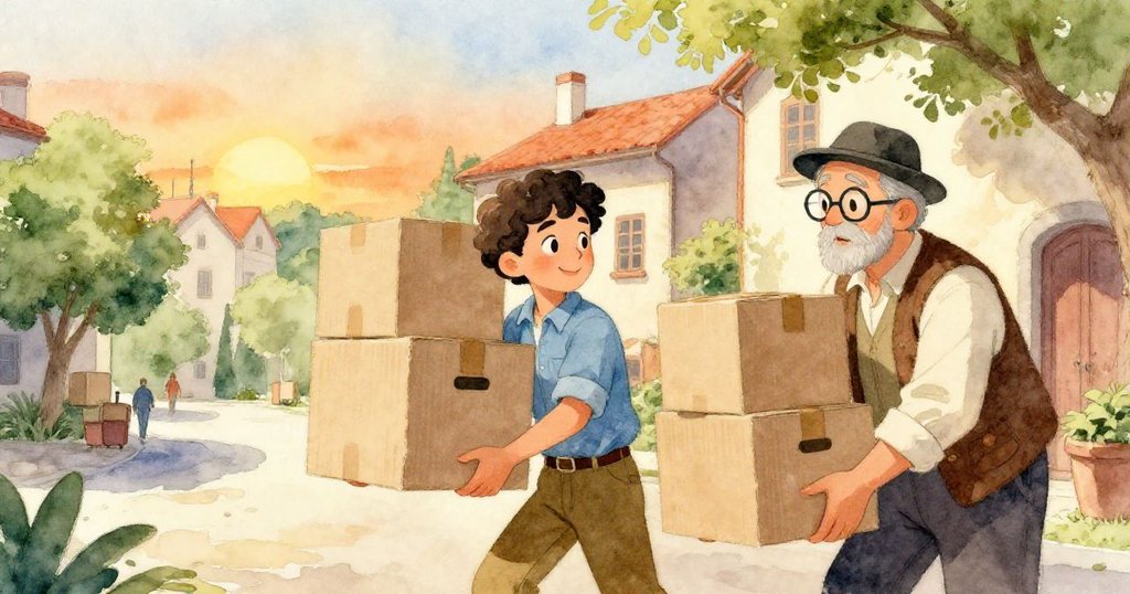 小獅與歷史學家在晨光中合作搬箱,背景有褪色海報與橙金光影,流露出時間流轉與互助精神