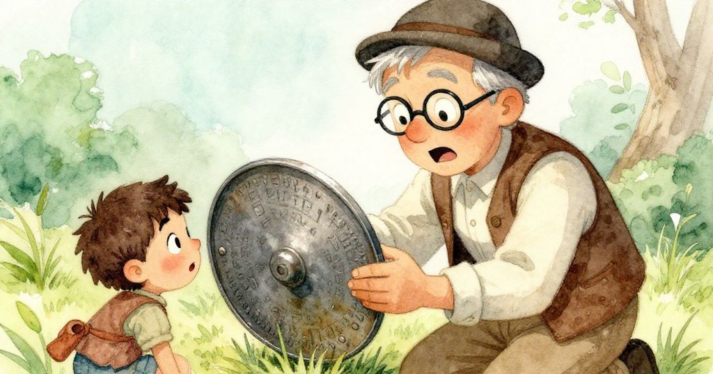 歷史學家蹲下驚訝發現鬆動石下露出刻字金屬板,畫面聚焦表情與歷史秘密,充滿懸疑感