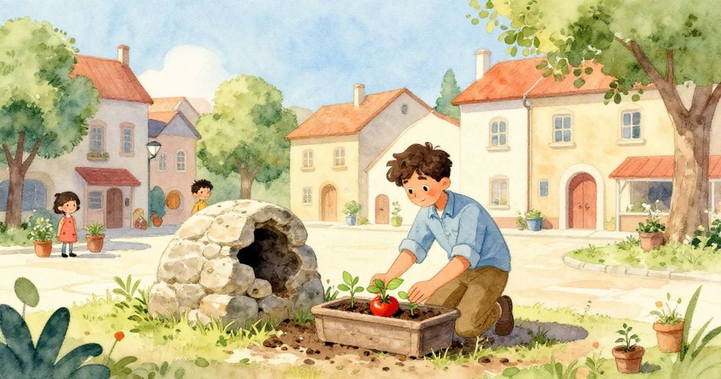 小獅在寧靜廣場上精心排列番茄苗,古石與噴泉相伴,畫面傳達出歷史與自然的和諧共存