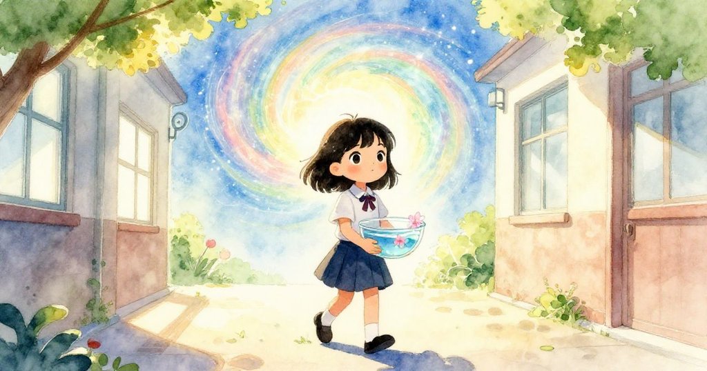 Maya在明亮走廊中行走,剪影展示校園與星雲壁畫,她充滿期待與堅持的臉龐隱約可見