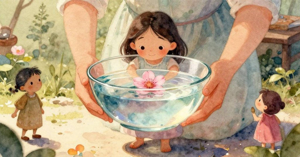 Maya的雙手細緻展現穩握玻璃碗,裡面清水映照出粉花,背景隱約為校園走廊,她專注又平靜