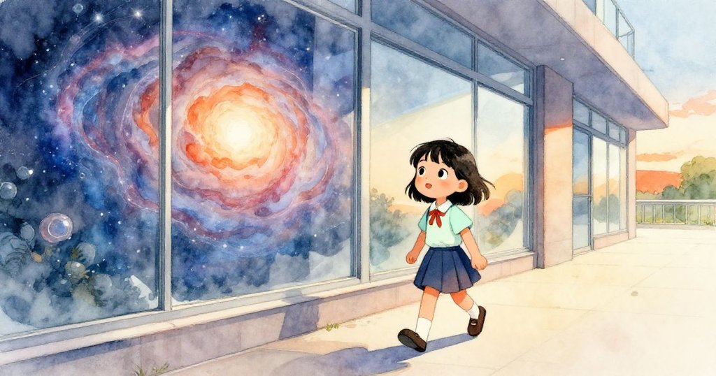 Maya走過大玻璃窗,窗中反射出動感星雲,她略帶分神卻充滿好奇,校園環境洋溢溫暖光芒