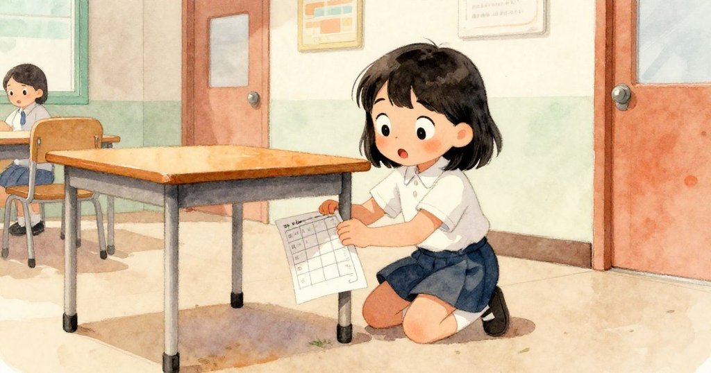 Maya在項目桌邊蹲下用課表穩住桌腿,臉上驚訝中帶著解決難題的決心,校園氛圍活力四射