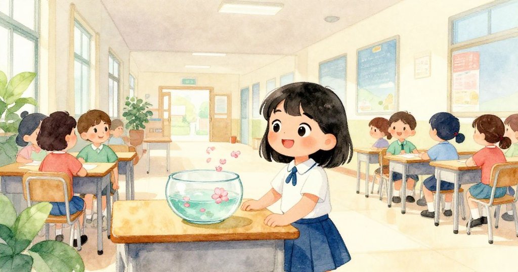 Maya滿臉輕鬆站在穩定桌邊,玻璃碗中粉花悠然漂浮,與同學在校園內重逢,氛圍和諧溫暖