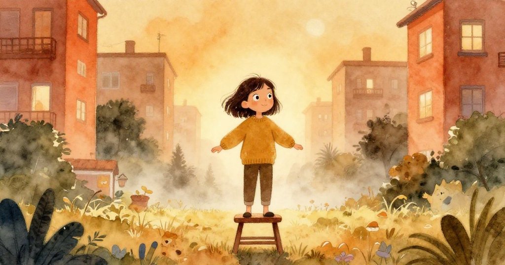 Eve 在黎明前於公寓後的花園中，小心地在窄凳上平衡，環境靜謐且充滿溫暖光線，呈現新開始的寧靜感。