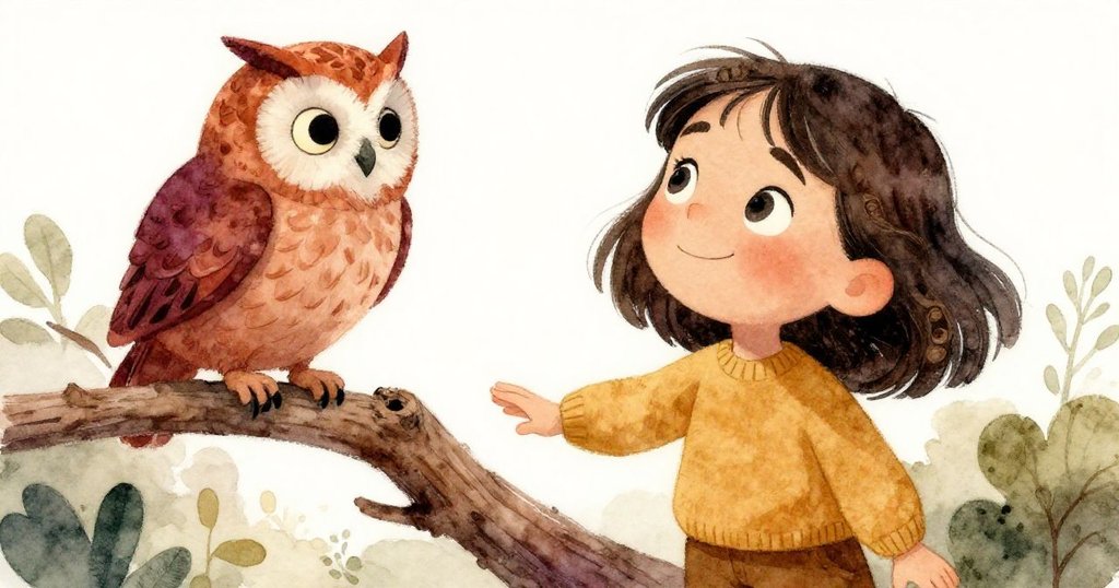 Eve 仰望著高處粗糙的樹枝和棲息其上的貓頭鷹，眼中充滿決心與好奇，景色生動呈現自然細節。