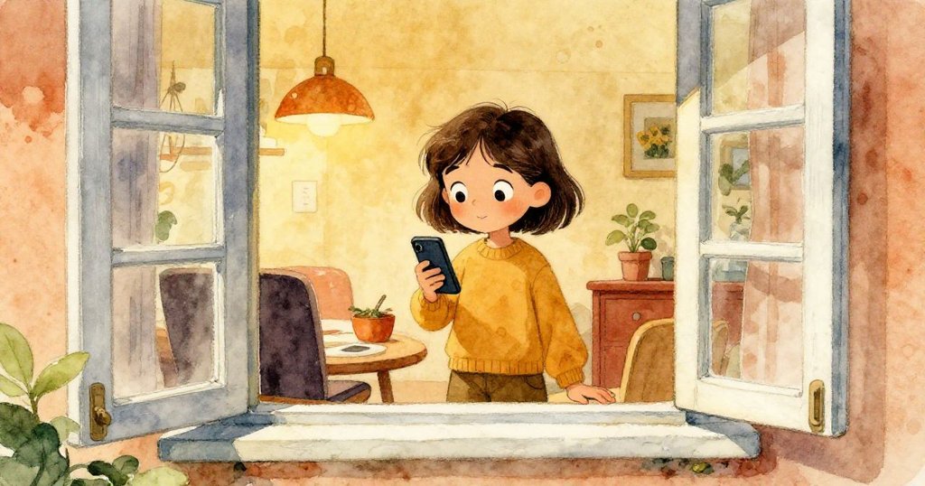 Eve 透過開著的窗戶望向外面，她在室內忙著拿起震動的手機，溫暖的家與清晨的花園交織，表情帶著輕微驚訝。