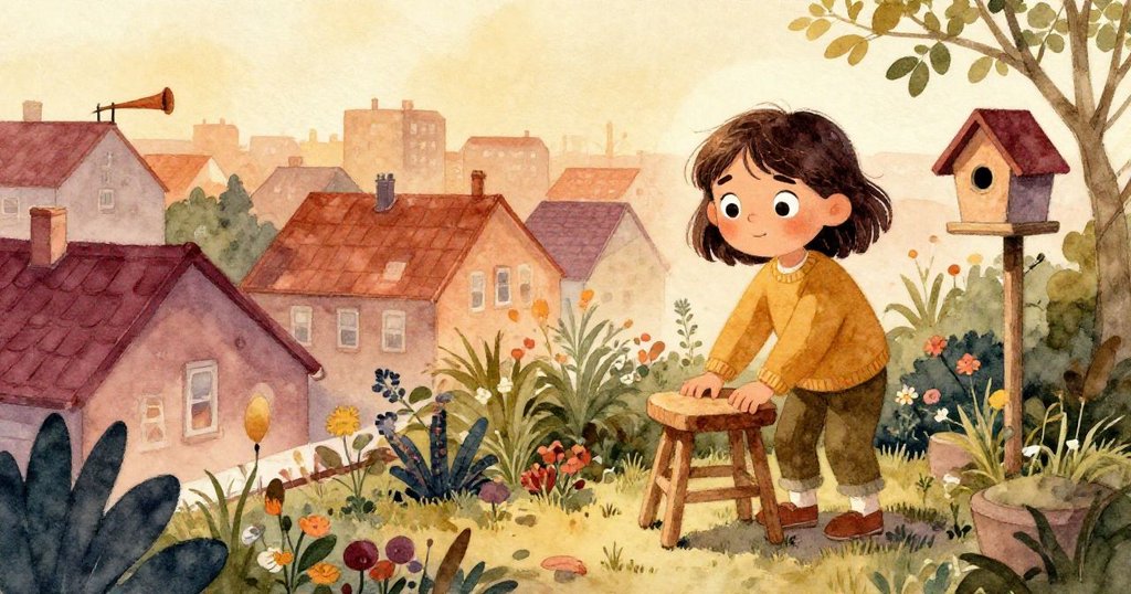 從鄰近屋頂俯瞰，Eve 在花園中調整凳子準備新一跳，背景中可見遠處火車號角與悠靜房頂，晨光溫暖柔和。