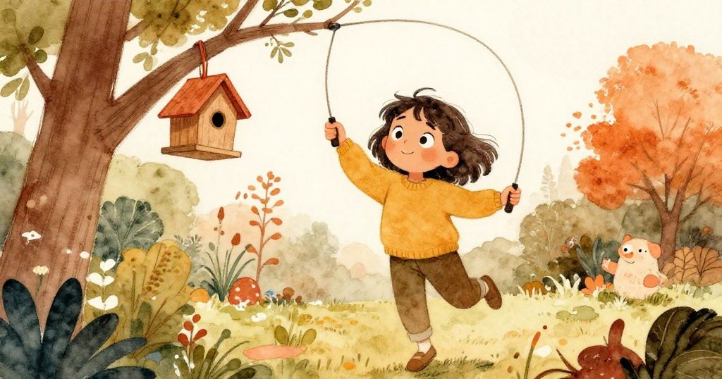 Eve 靈機一動，用跳繩套住樹枝，拉動鳥屋上升，神情專注充滿創意，背景呈現生動的樹葉與晨光。